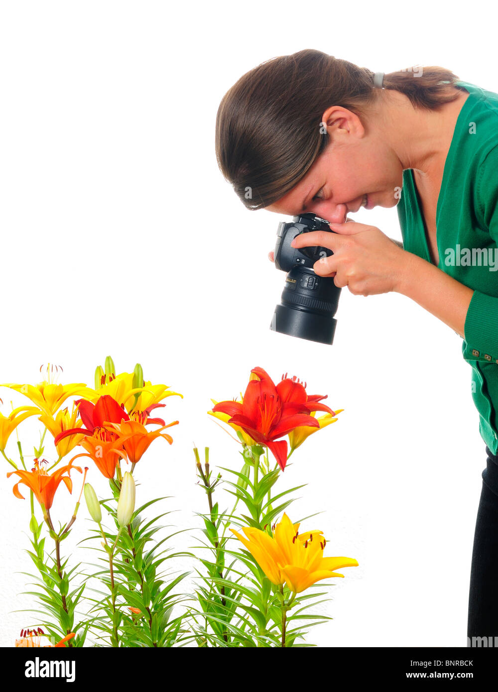 A young woman taking close-up photographs of flowers, isolated on white. Space for text. Stock Photo