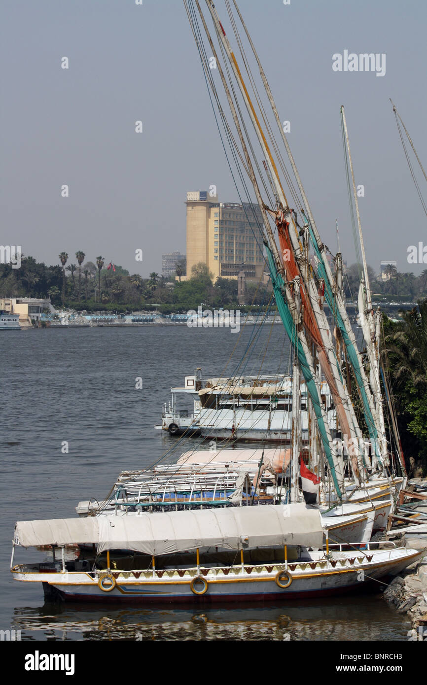 Boats docked on the river Nile, Cairo, Egypt Stock Photo