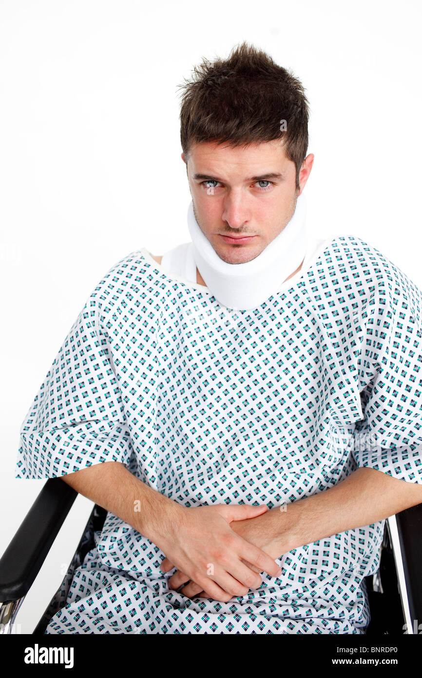 Man with a neck brace in hospital Stock Photo Alamy