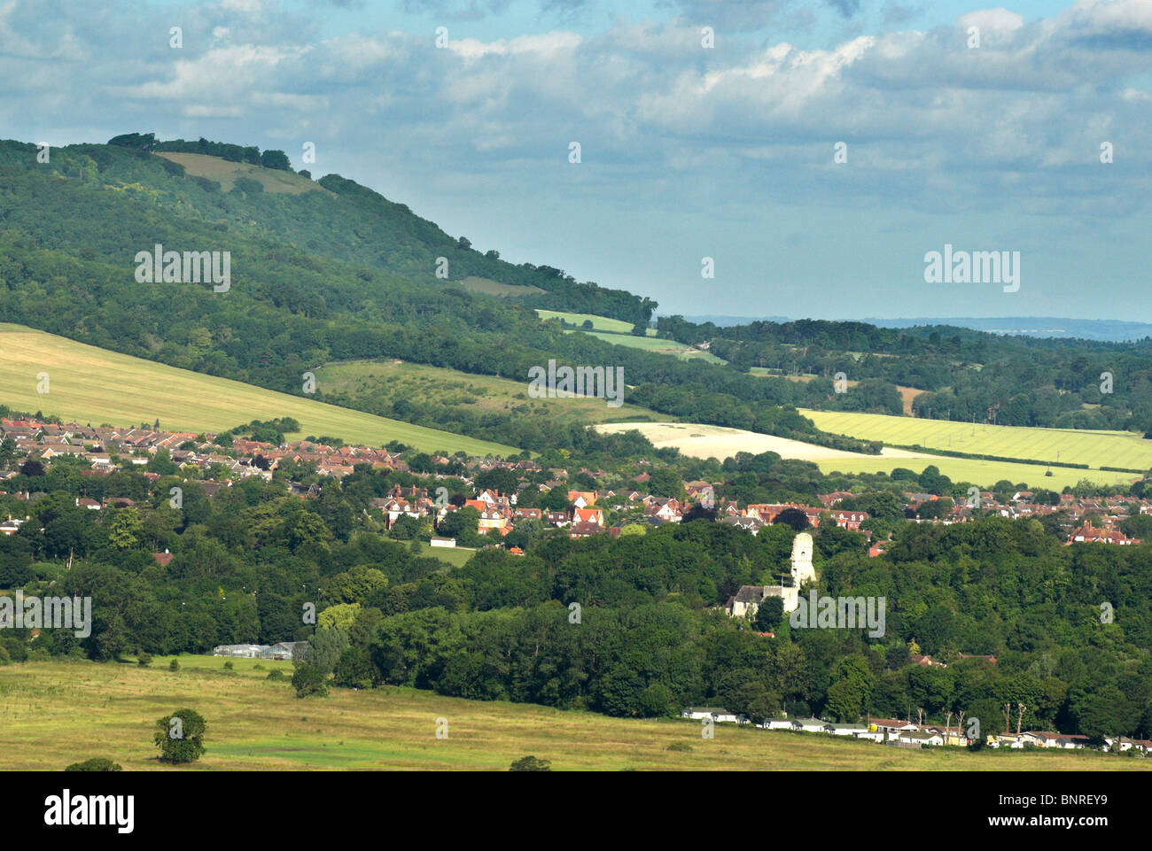 A view across to Chanctonbury Ring in the South Downs National Park. Stock Photo