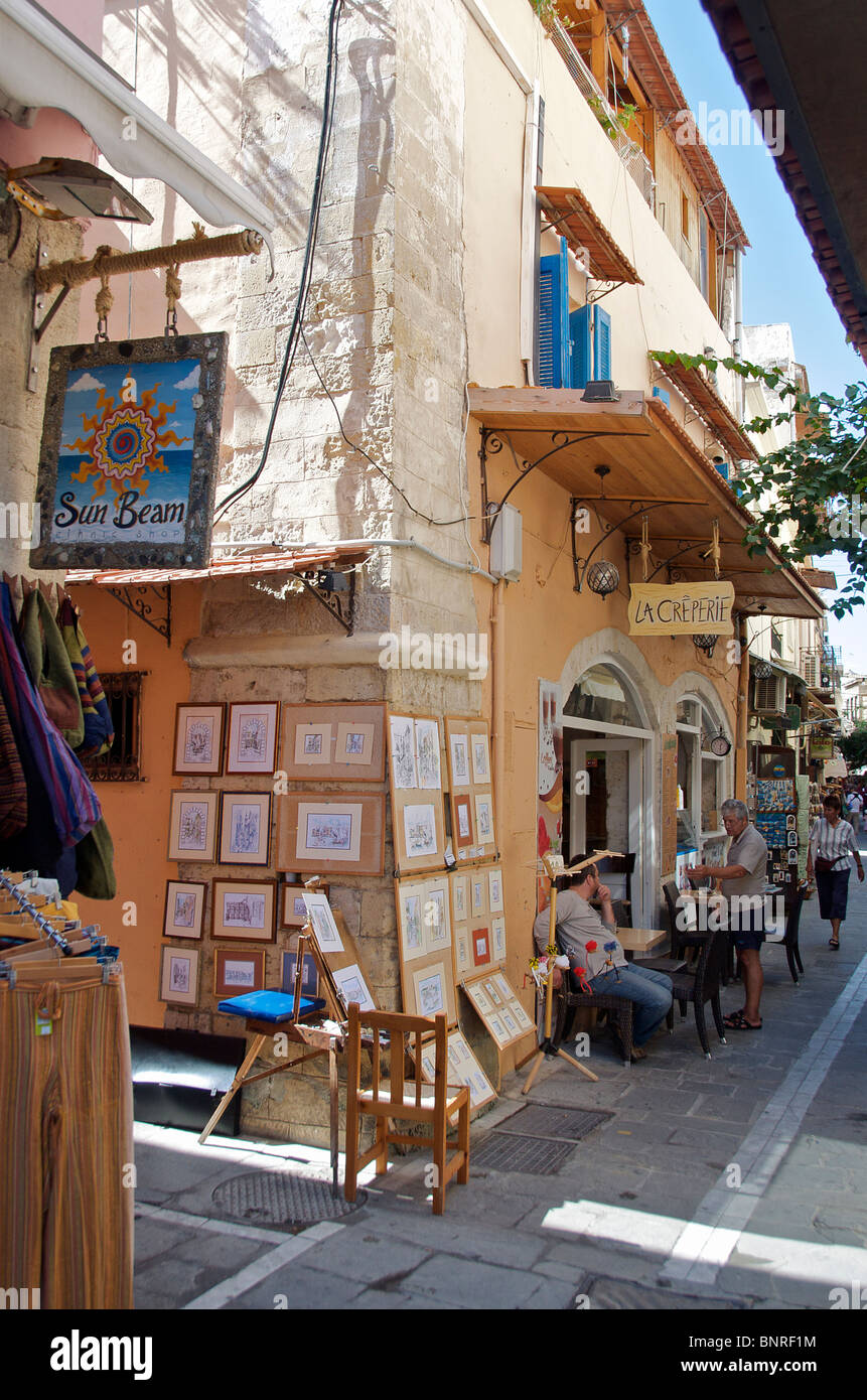 Tourist shops Petichaki Street Rethymnon Crete Greece Stock Photo