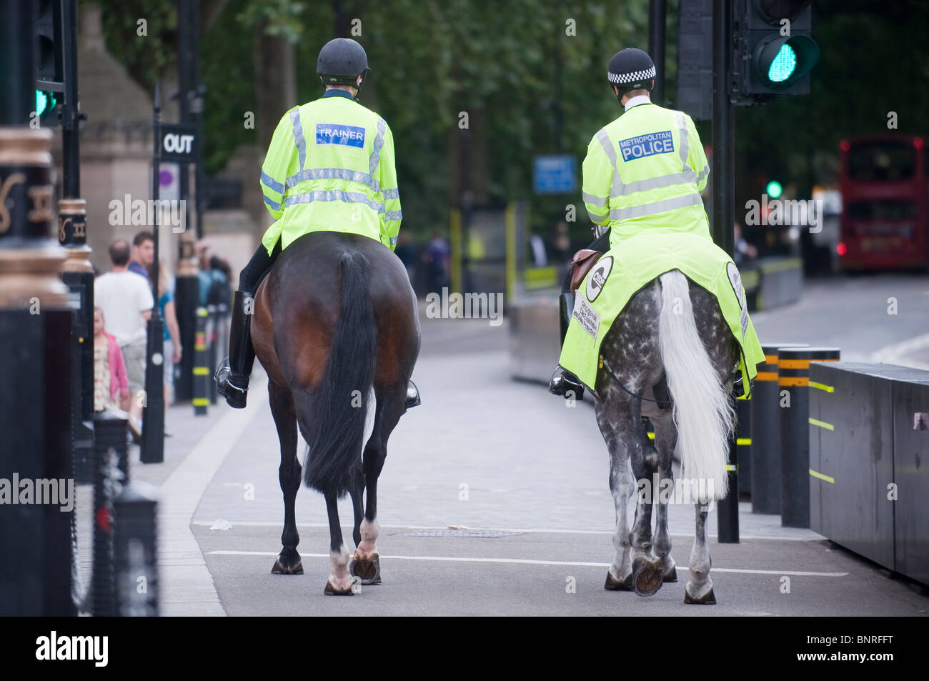 Metropolitan police officers regularly patrol the streets of London on horseback. Stock Photo