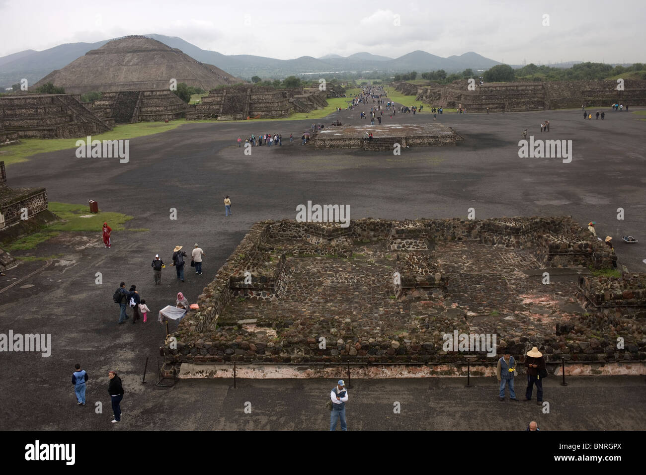 Tourists visit the ancient Toltec city of Teotihuacan, Mexico City, July 26, 2010. Stock Photo