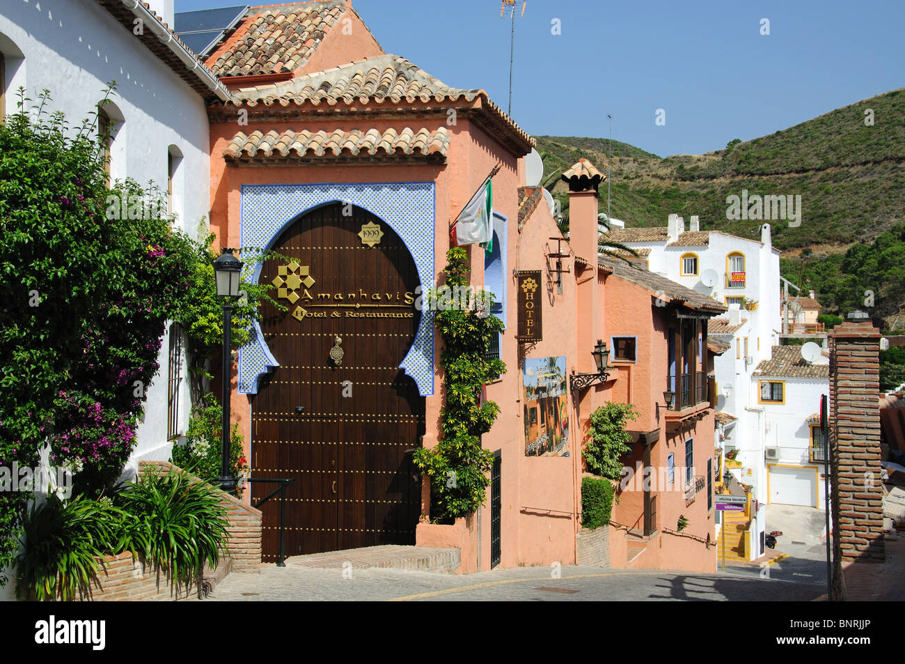 Hotel and restaurant Benahavis, Benahavis, Costa del Sol, Malaga Province, Andalucia, Spain, Western Europe. Stock Photo