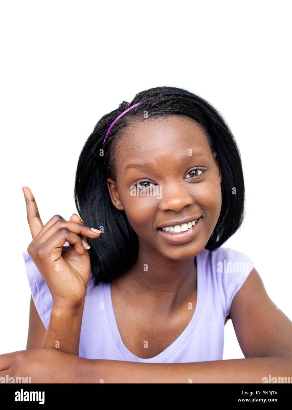 Pointing woman in purple hi-res stock photography and images - Alamy