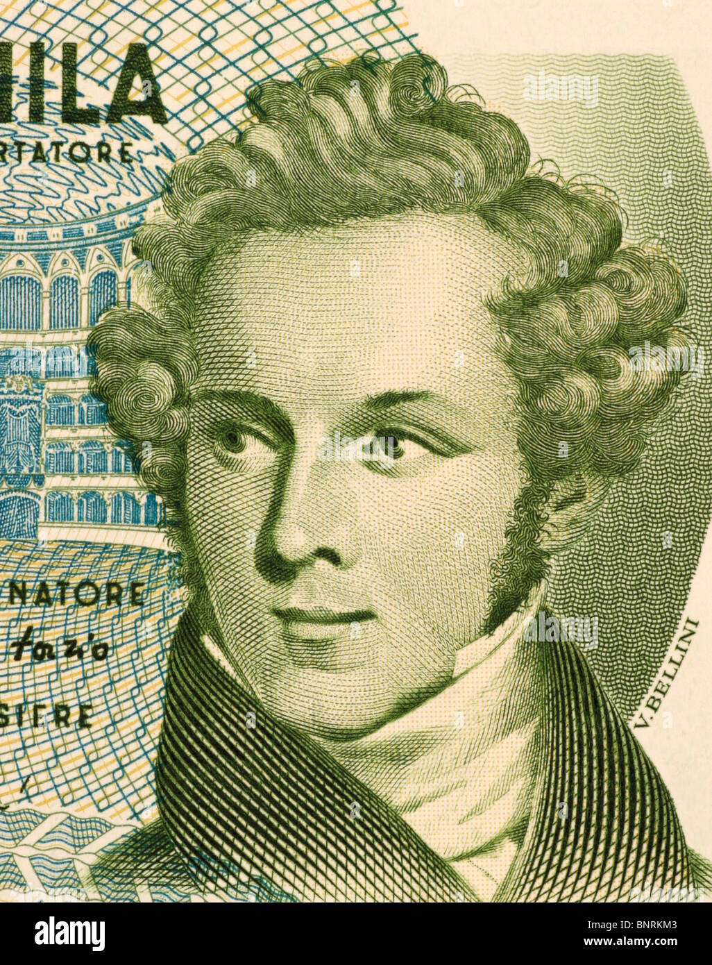 Vincenzo Bellini (1801-1835) on 5000 Lire 1985 Banknote from Italy. Italian opera composer. Stock Photo