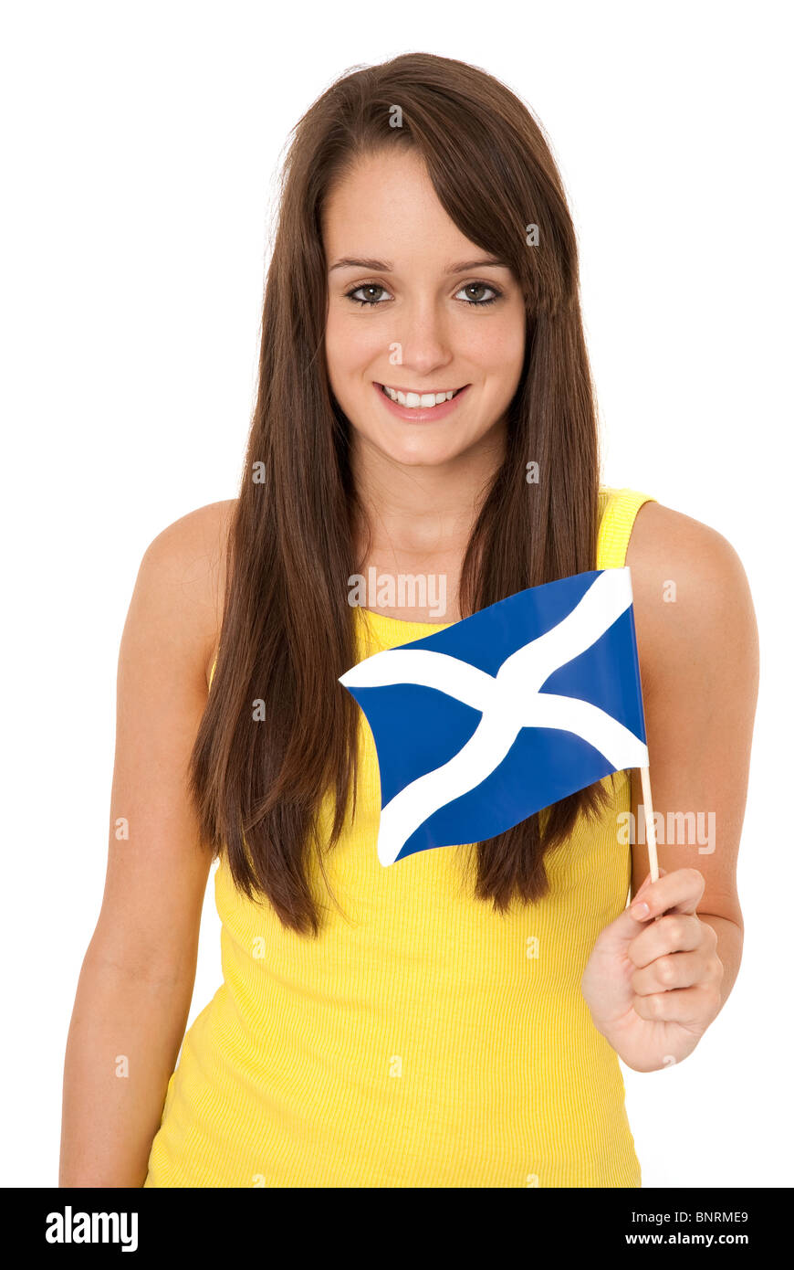 Young lady holding and waving the flag of Scotland Stock Photo