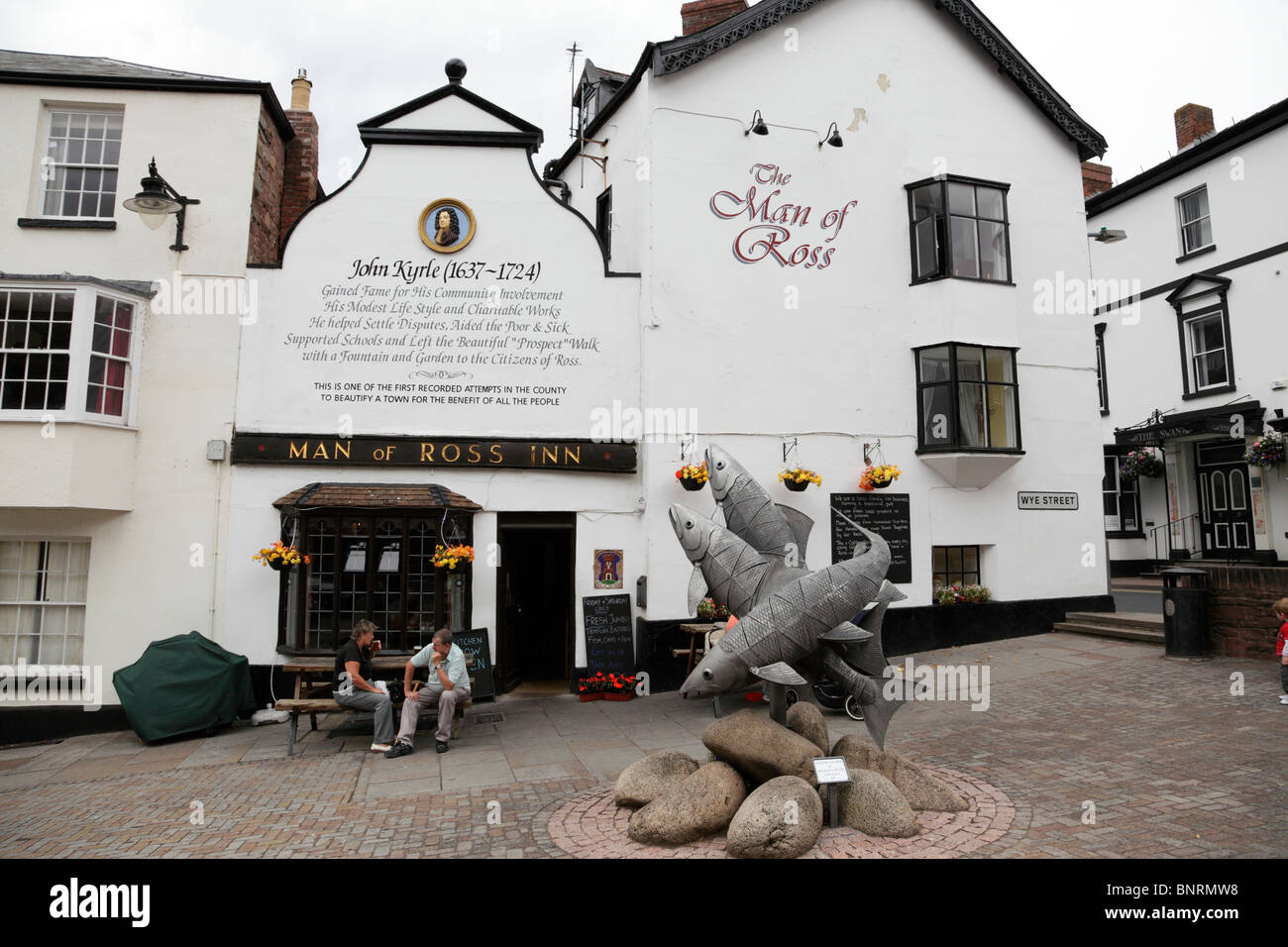 Facade of the Man Of Ross Inn dedicated to John Kyrle a charitable worker 1637-1724 Wye Street Ross-On-Wye herefordshire UK Stock Photo