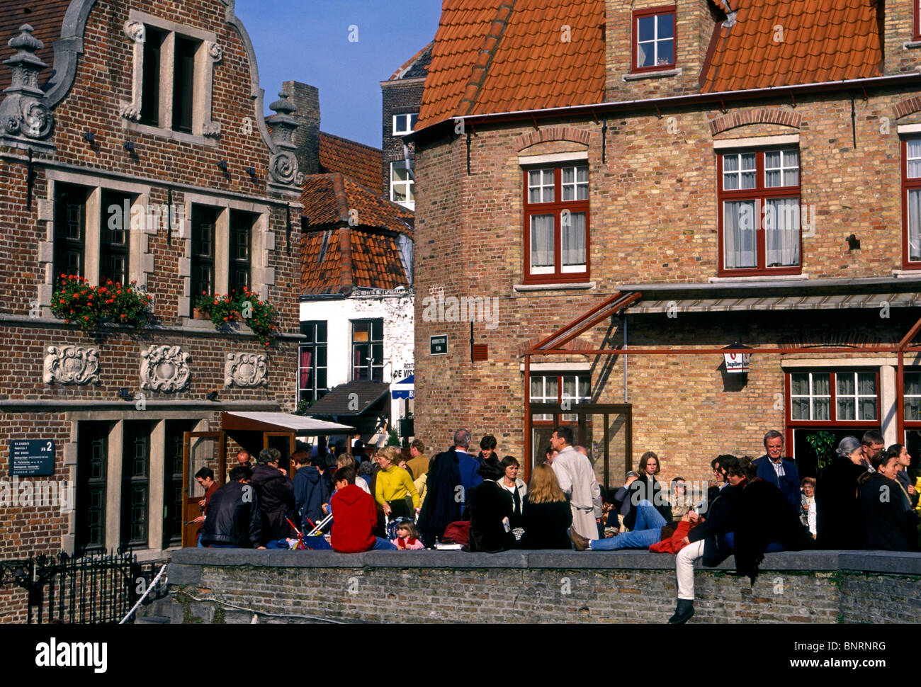 Belgians, Belgian people, tourists, visitors, Huidenvettersplein, city of Brugge, Brugge, West Flanders, West Flanders Province, Belgium, Europe Stock Photo
