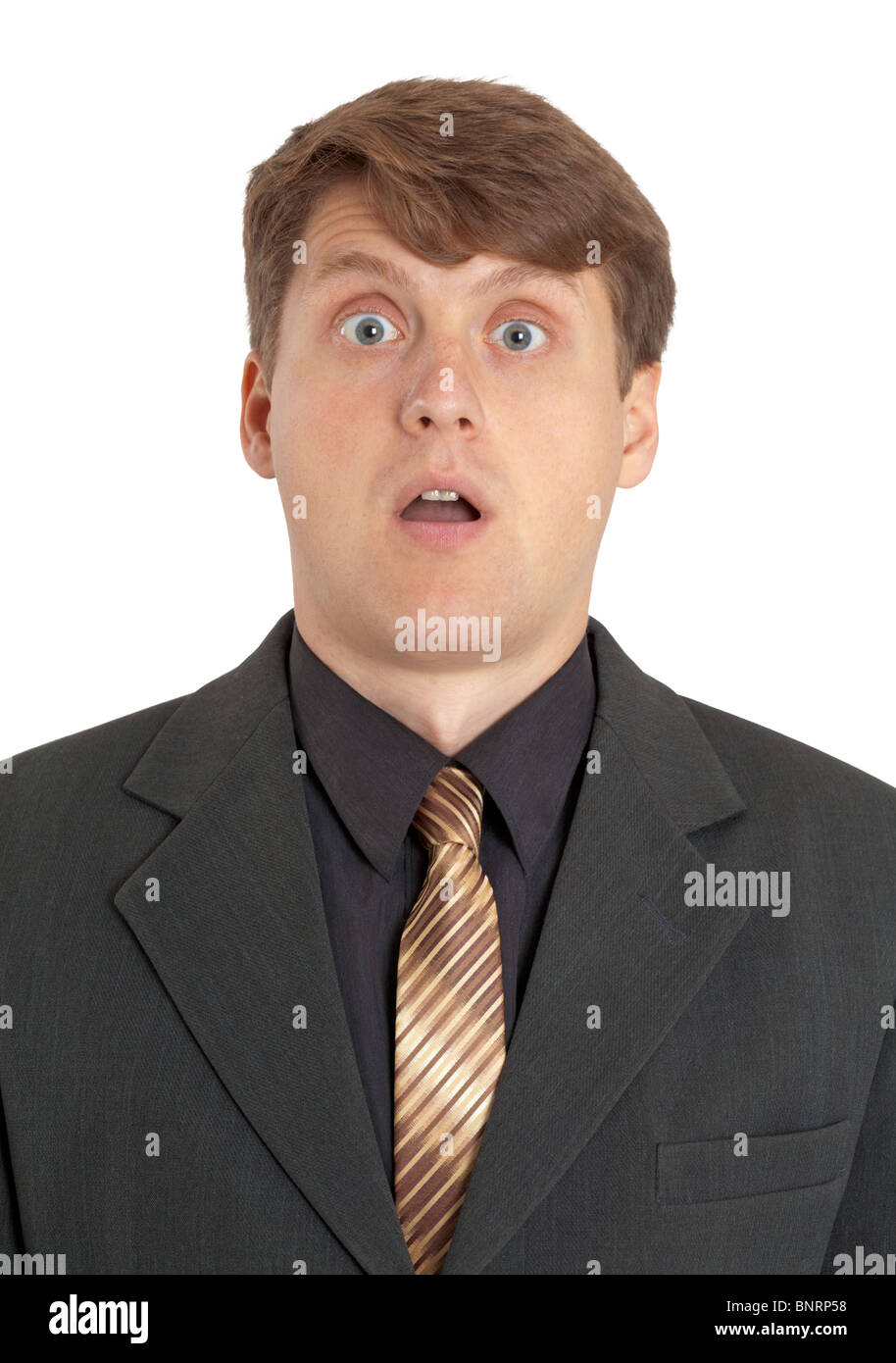 Extremely surprised businessman on white background Stock Photo