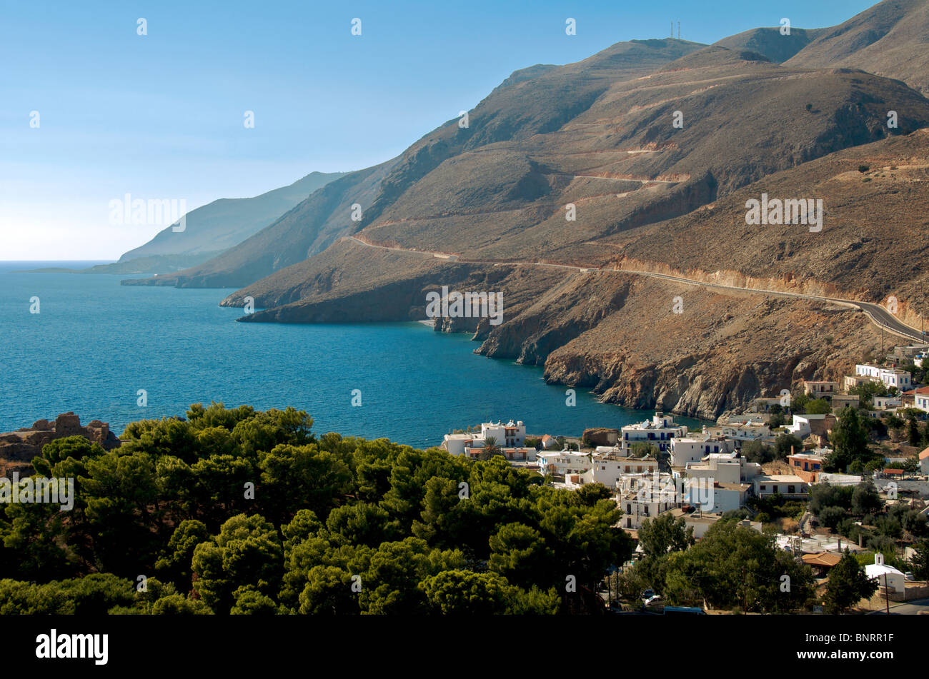 Chora Sfakion and rugged coastine southwest Crete Greece Stock Photo