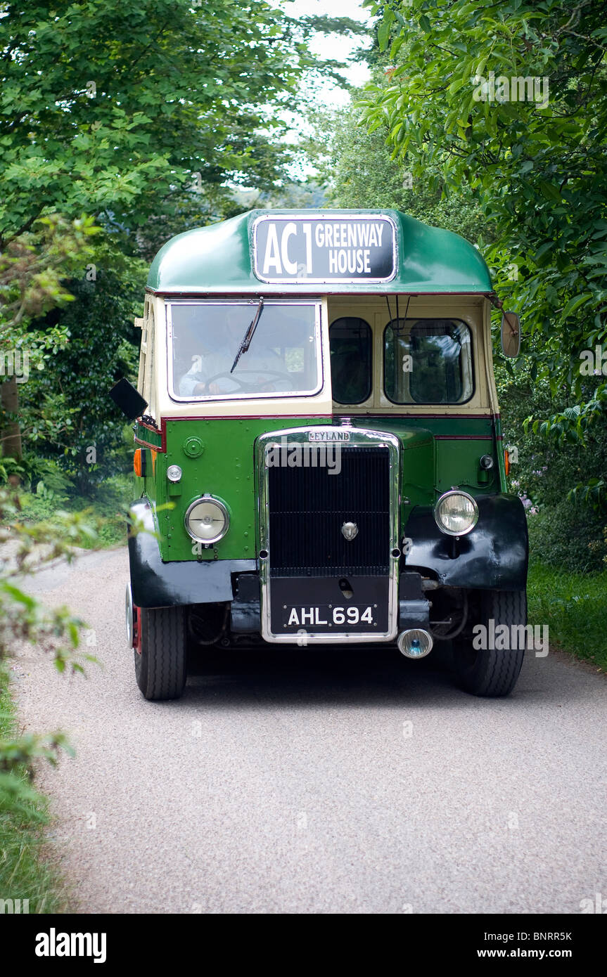 Leyland bus on the way to Greenway house,vintage, Leyland, Tiger, Bus, classic, restored, veteran,Devon lanes,Agatha Christie,AC Stock Photo