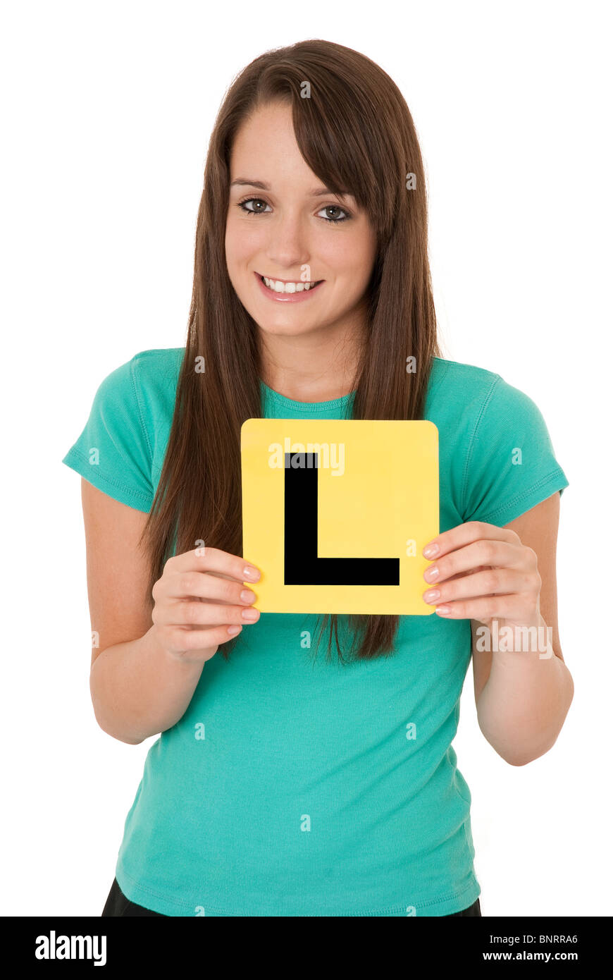 Learner driver holding Australian L Plate Stock Photo