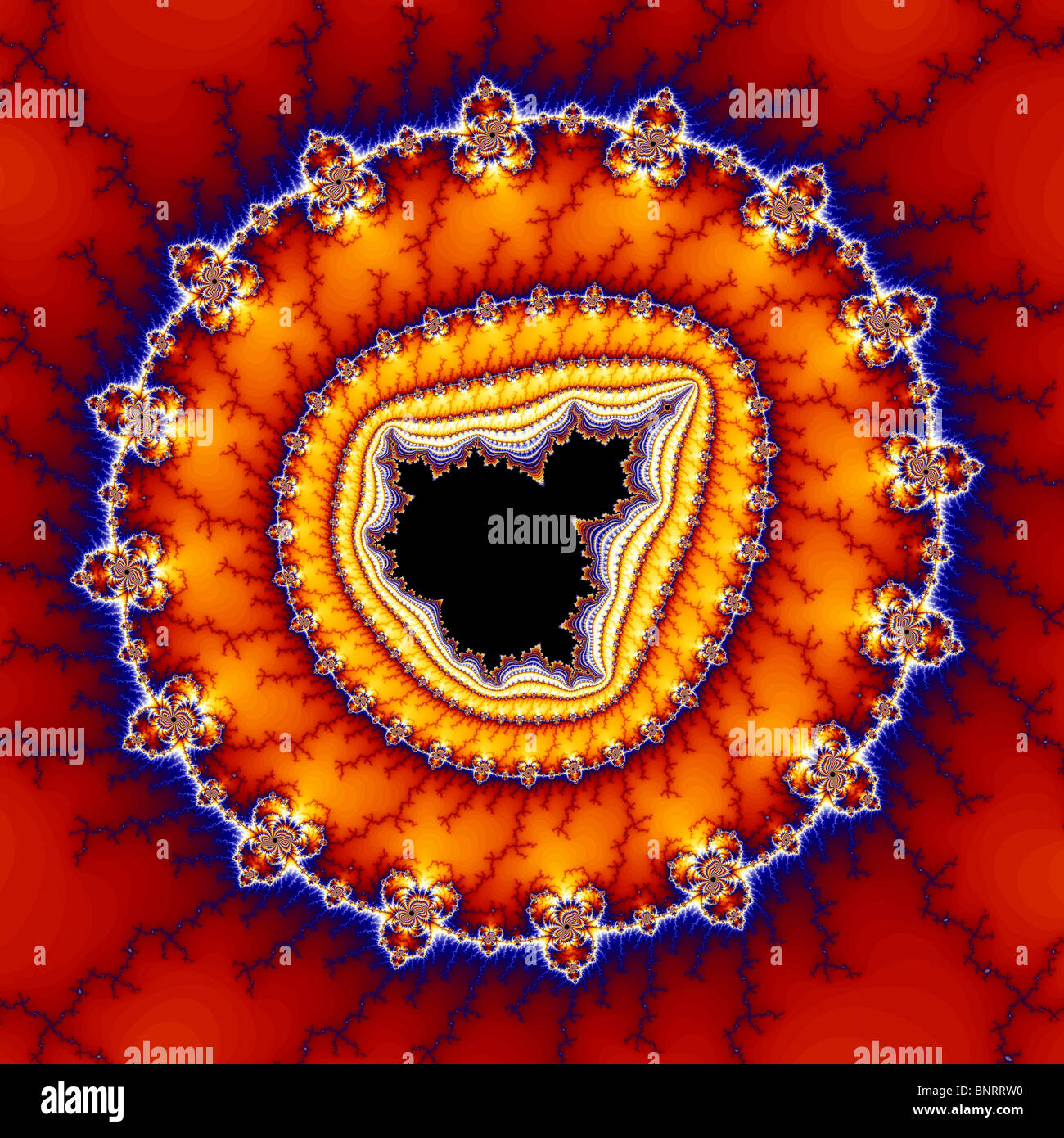 The Mandelbrot Set contains an infinite number of copies of itself ( 'mini Mandelbrots'), surrounded by complex patterns. Stock Photo