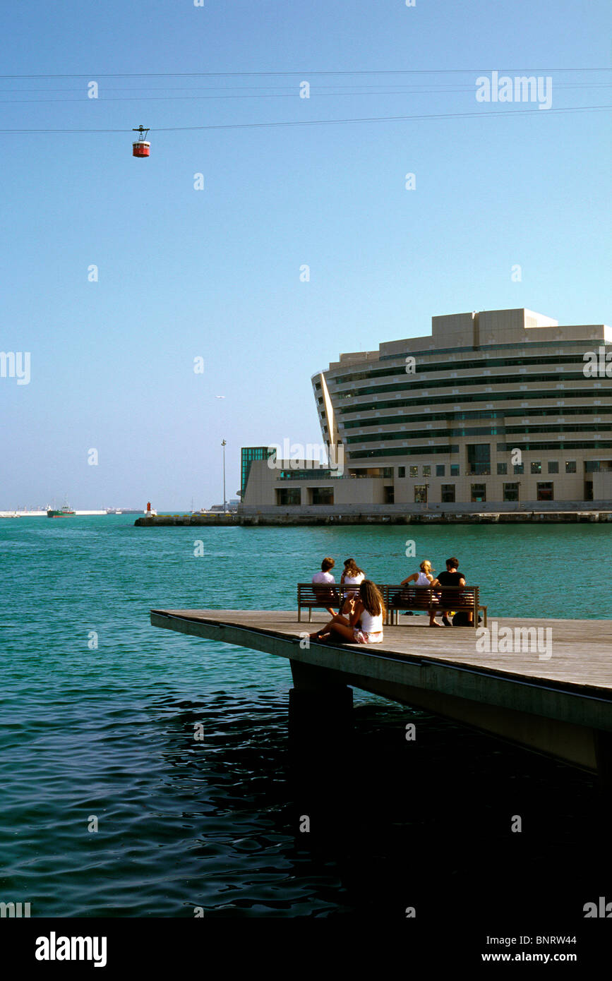 Cabin of the Teléfric del Port (Port Vell aerial tramway) on its way to Montjuïc in Barcelona. Stock Photo