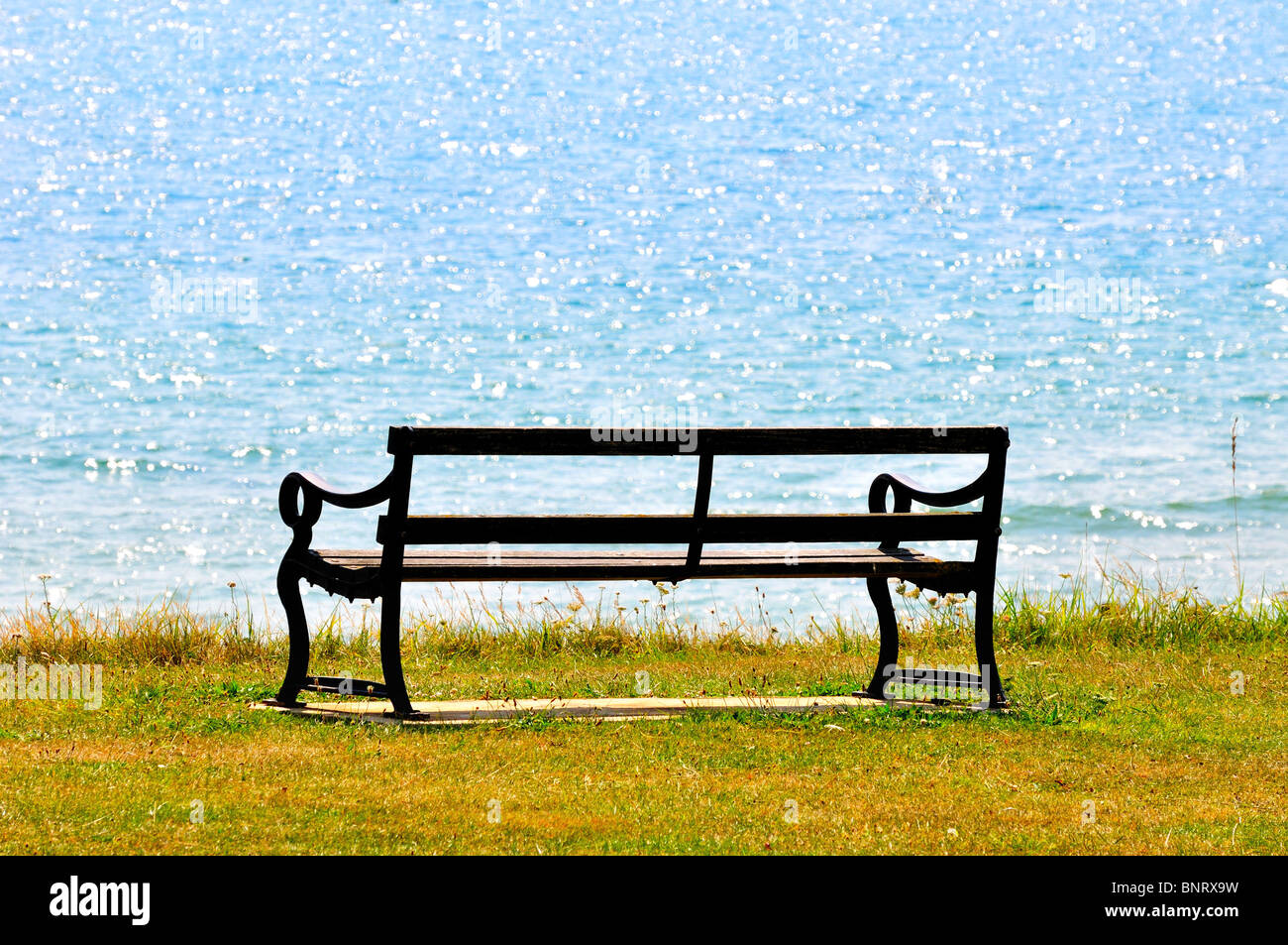 Empty bench on grass cliff top with sea in background Stock Photo