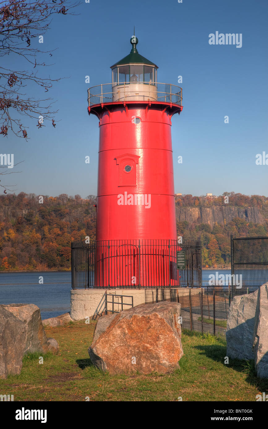 Jeffrey's Hook Lighthouse on the Hudson River, under the Washington Bridge, as seen from
