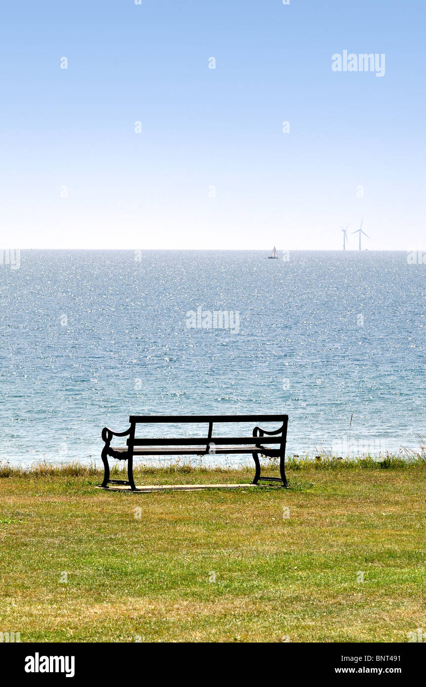 Empty bench on grass cliff top with sea in background Stock Photo