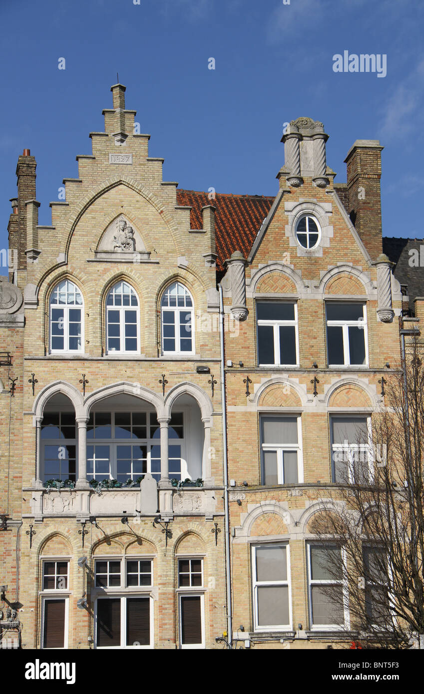 Flemish style buildings overlooking the market square in Ypres, Belgium. All the buildings in