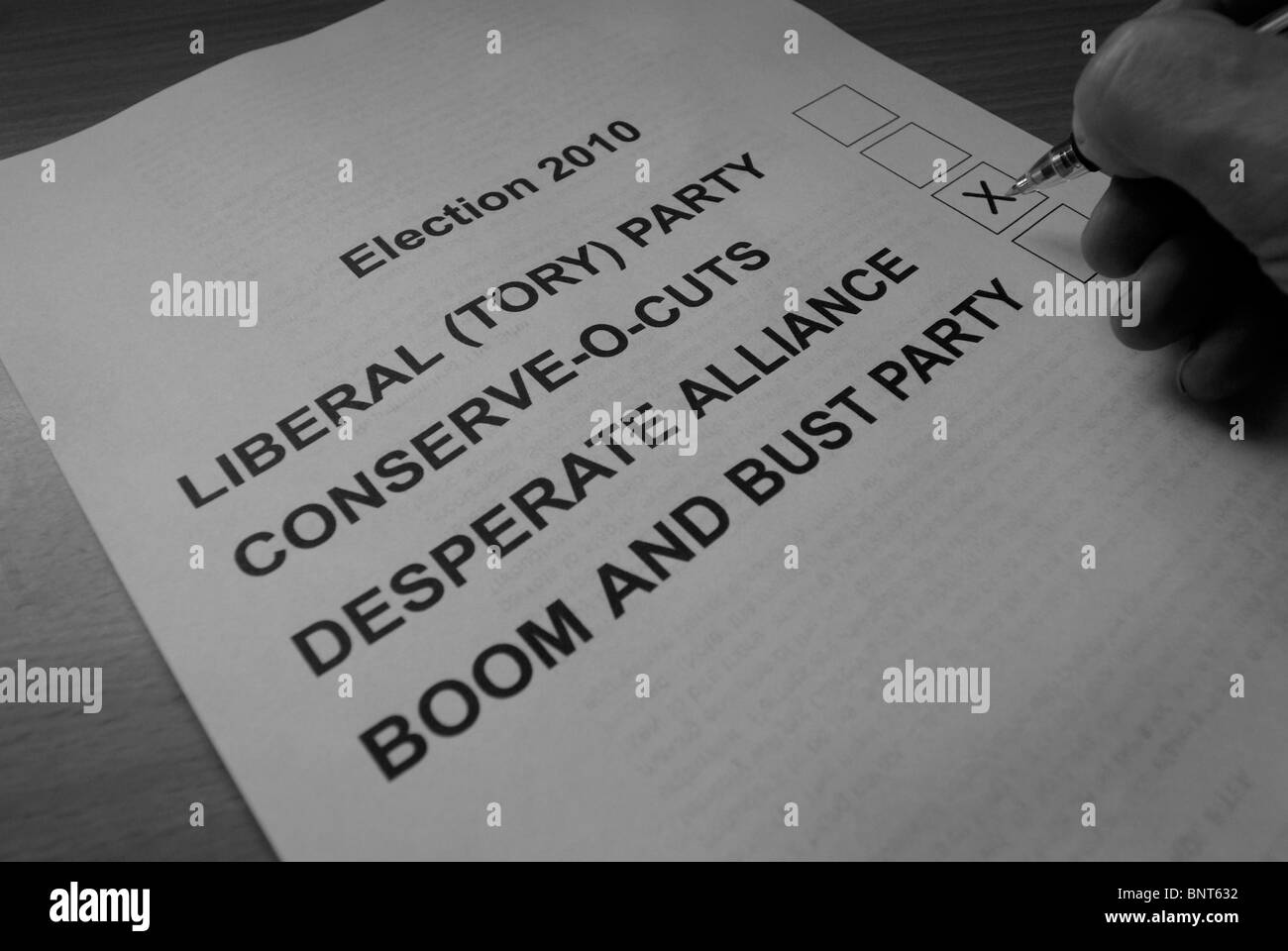 British Coalition Government / politics concept depicting spoof ballot paper. Stock Photo