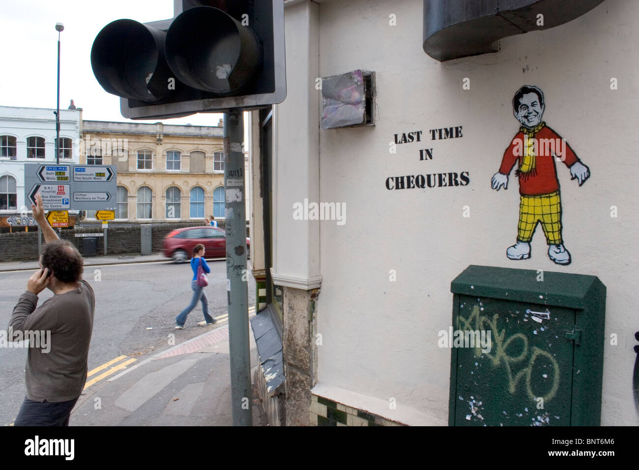 Graffiti by Nick Walker,  depicting Tony Blair dressed as Rupert Bear with the writing 'Last Time in Chequers' Bristol, UK. 2007 Stock Photo