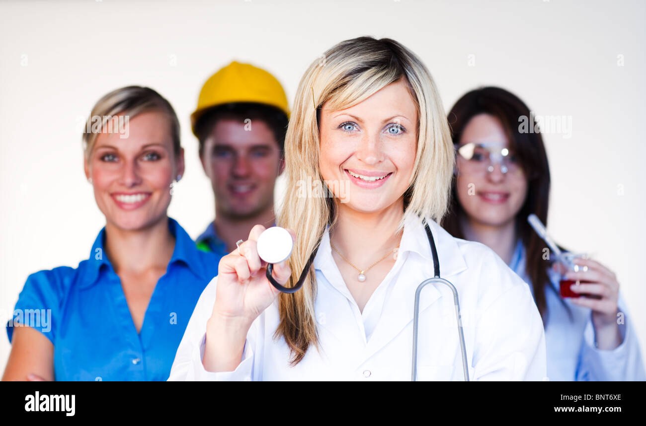 Multi-profession - Doctor, businesswoman, engineer and scientist Stock Photo