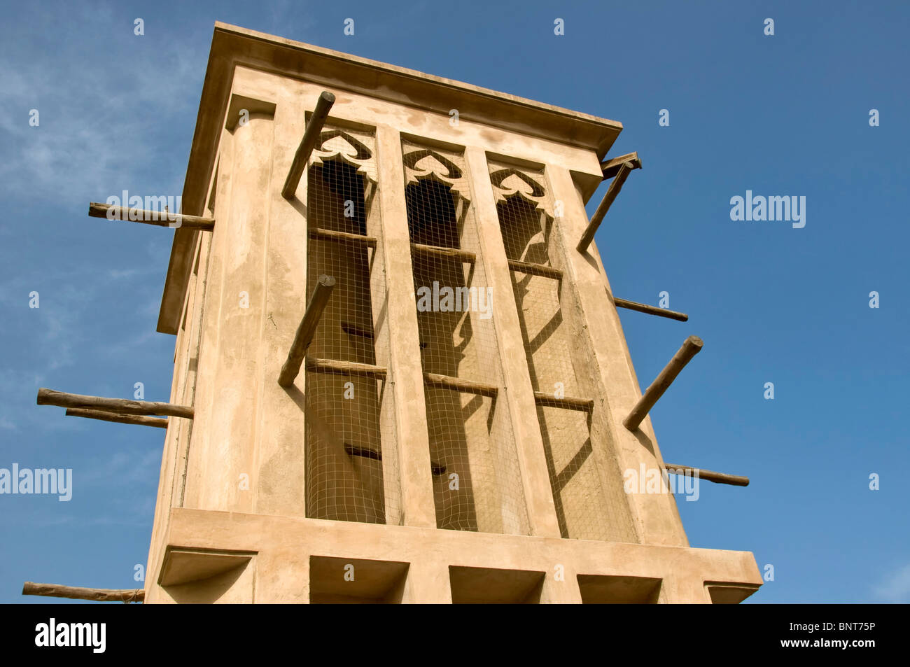 Traditional wind tower in the historical district of Bastakia Dubai UAE Stock Photo