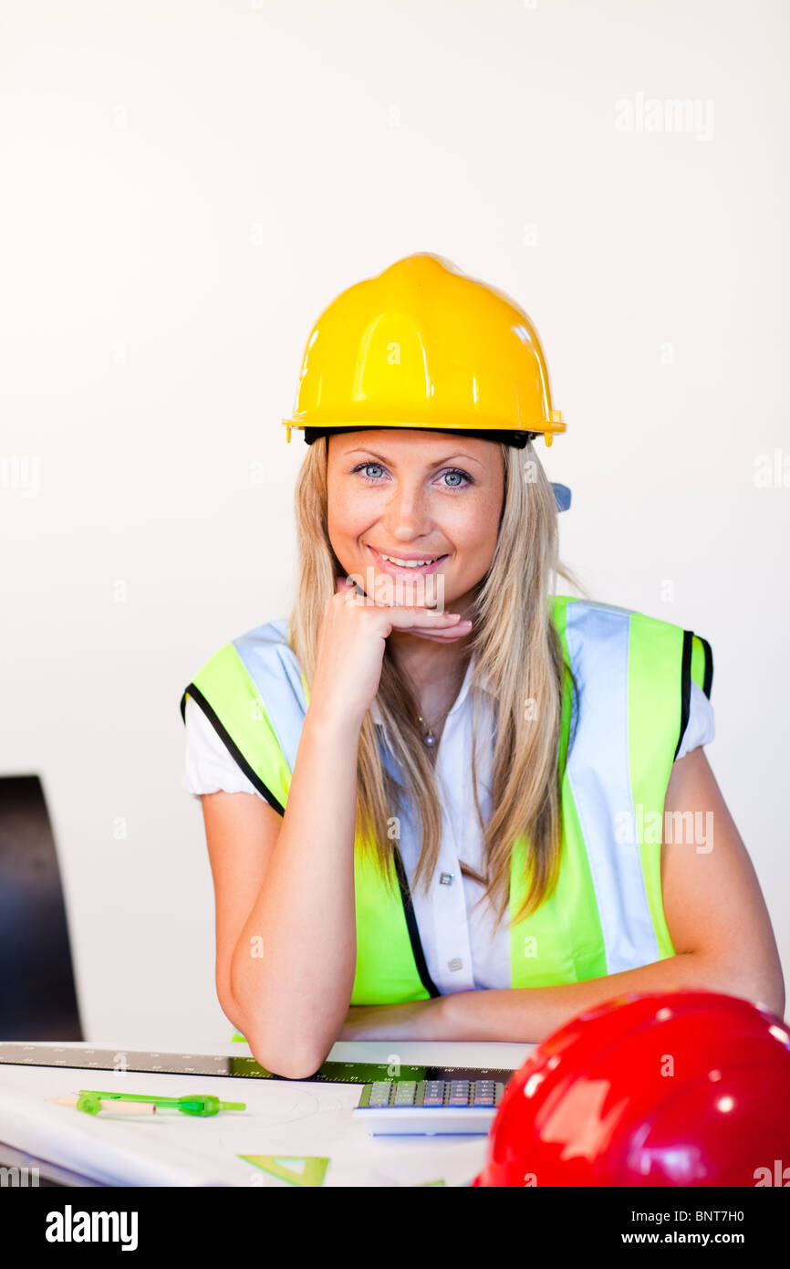 Young female with hard hat Stock Photo - Alamy