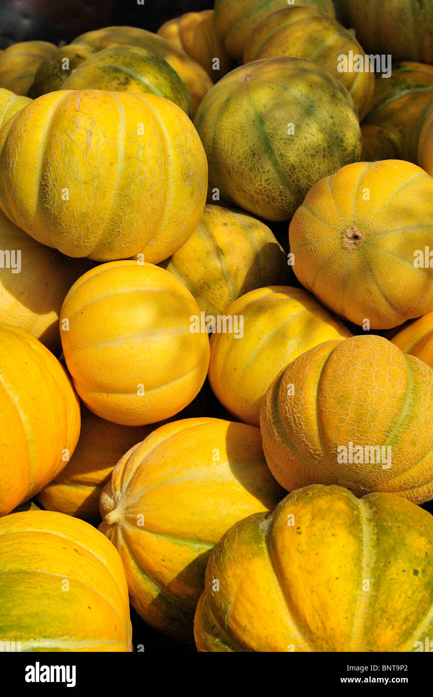 Fresh local variety of Honeydew melons for sale beside the road in Zakinthos, Greece Stock Photo