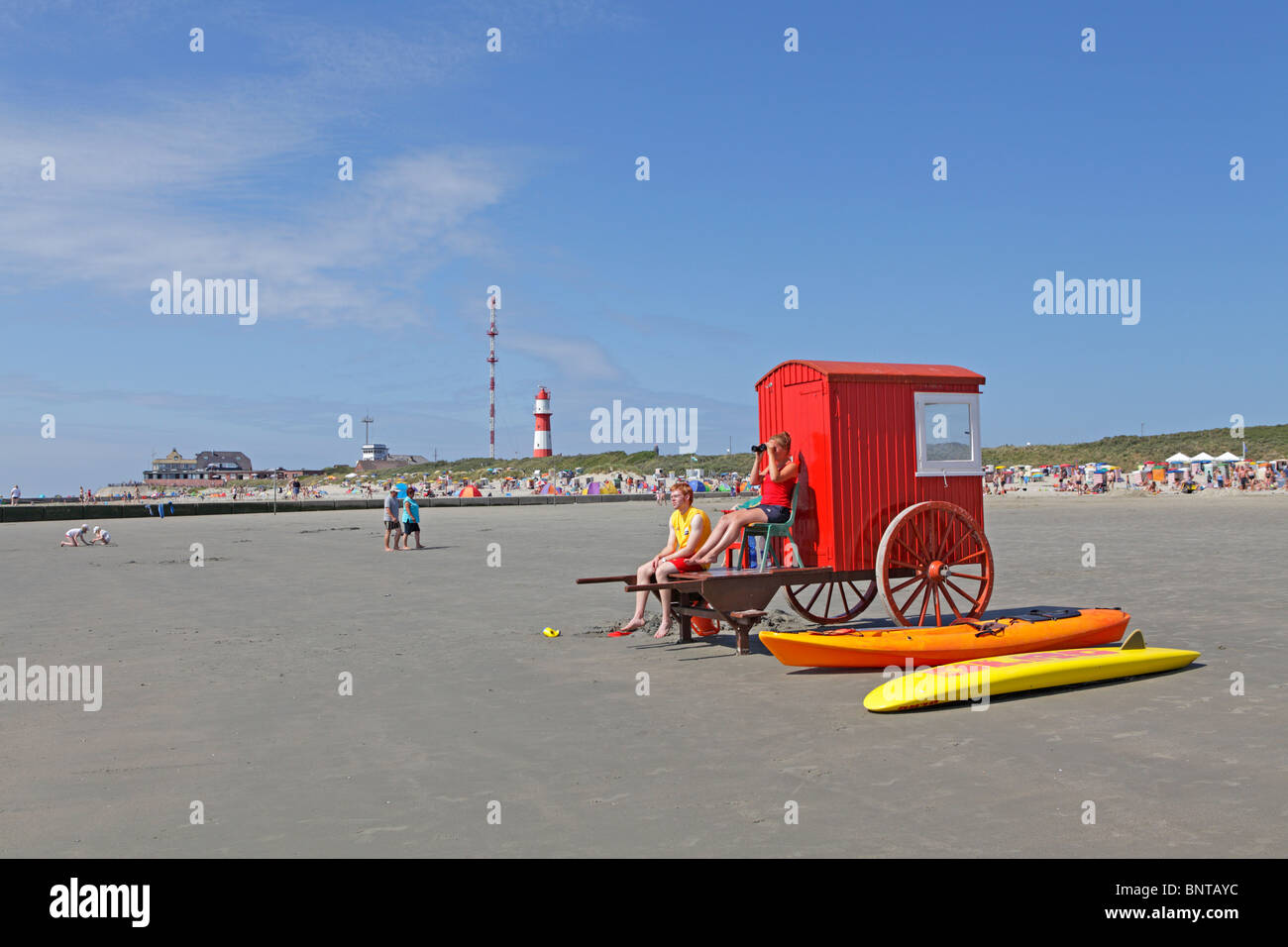 red beach carriage at the south beach, Borkum Island, East Friesland, North Sea Coast, Lower Saxony, Germany Stock Photo