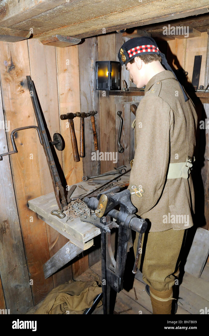 Workshop room in the trench and dugout reconstruction of the Memorial Museum Passchendale 1917, Zonnebeke Chateau, Belgium Stock Photo