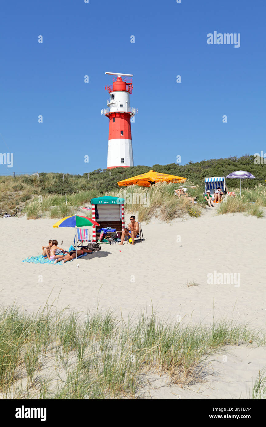 electric lighthouse and south beach, Borkum Island, East Friesland, North Sea Coast, Lower Saxony, Germany Stock Photo