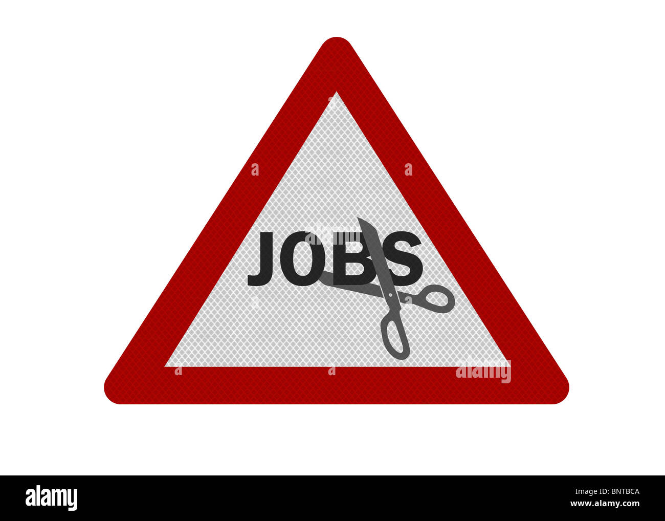 Political issues series: Photo realistic reflective metallic 'jobs cuts' sign, isolated on a pure white background. Stock Photo
