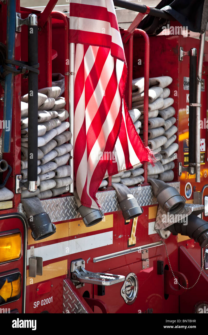 American flag on the back of a New York City Fire Engine Stock Photo