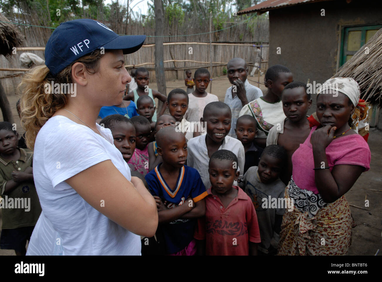 Aya Schneerson Field operations manager of World Food Programme WFP speaks to internally displaced people in an IDP camp in North Kivu province DR Congo Africa Stock Photo