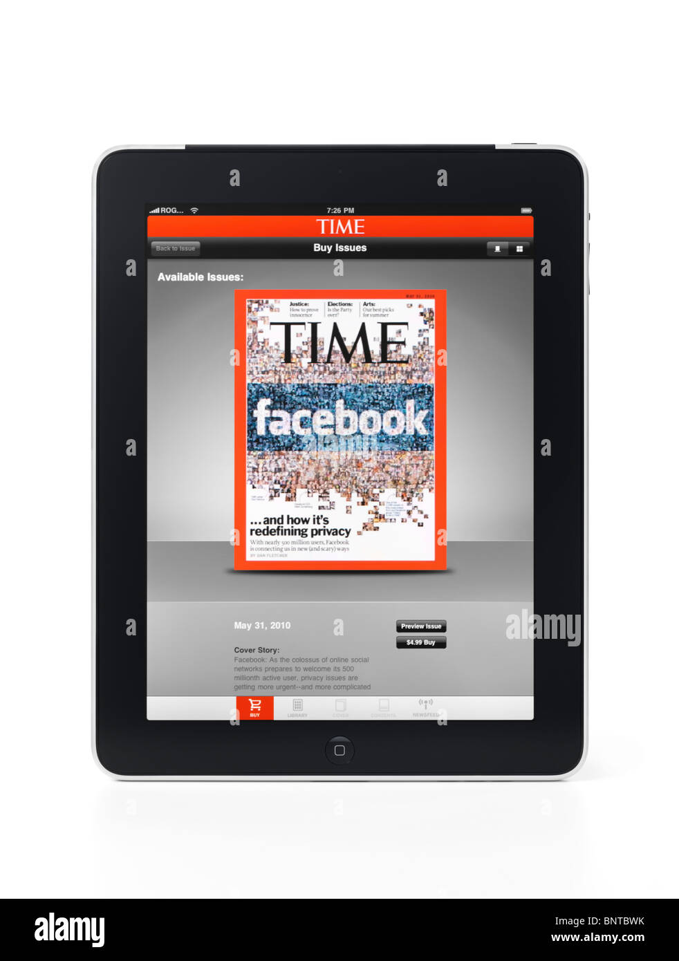 Apple iPad 3G tablet with Time Magazine facebook related cover at app store on its display isolated on white background Stock Photo
