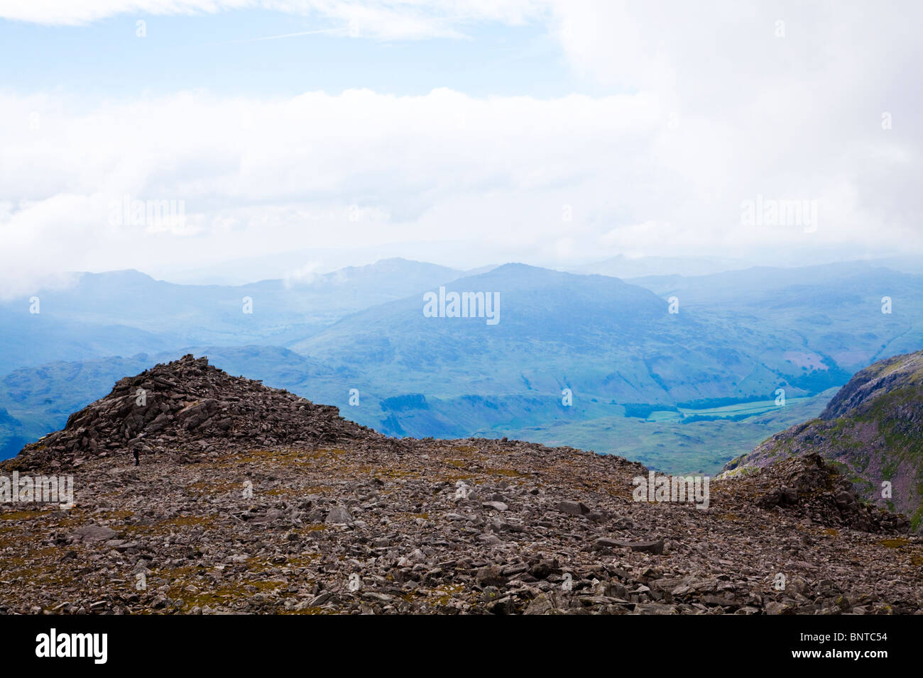 View from summit top of Scafell Pike, looking south towards South Peak with Harter Fell in the centre midground. Stock Photo
