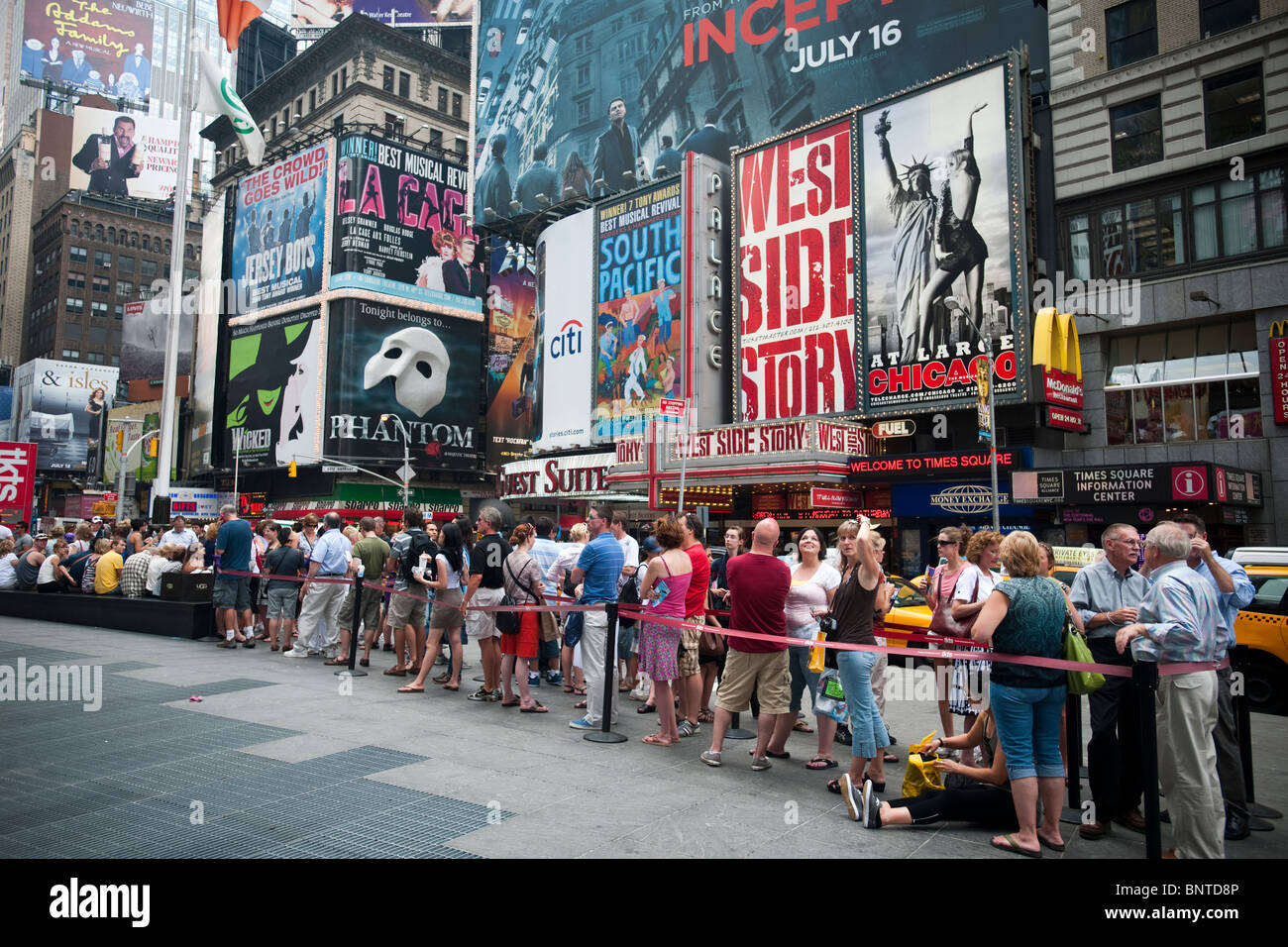 Theatregoers on line at the TKTS ticket booth in Times Square in New