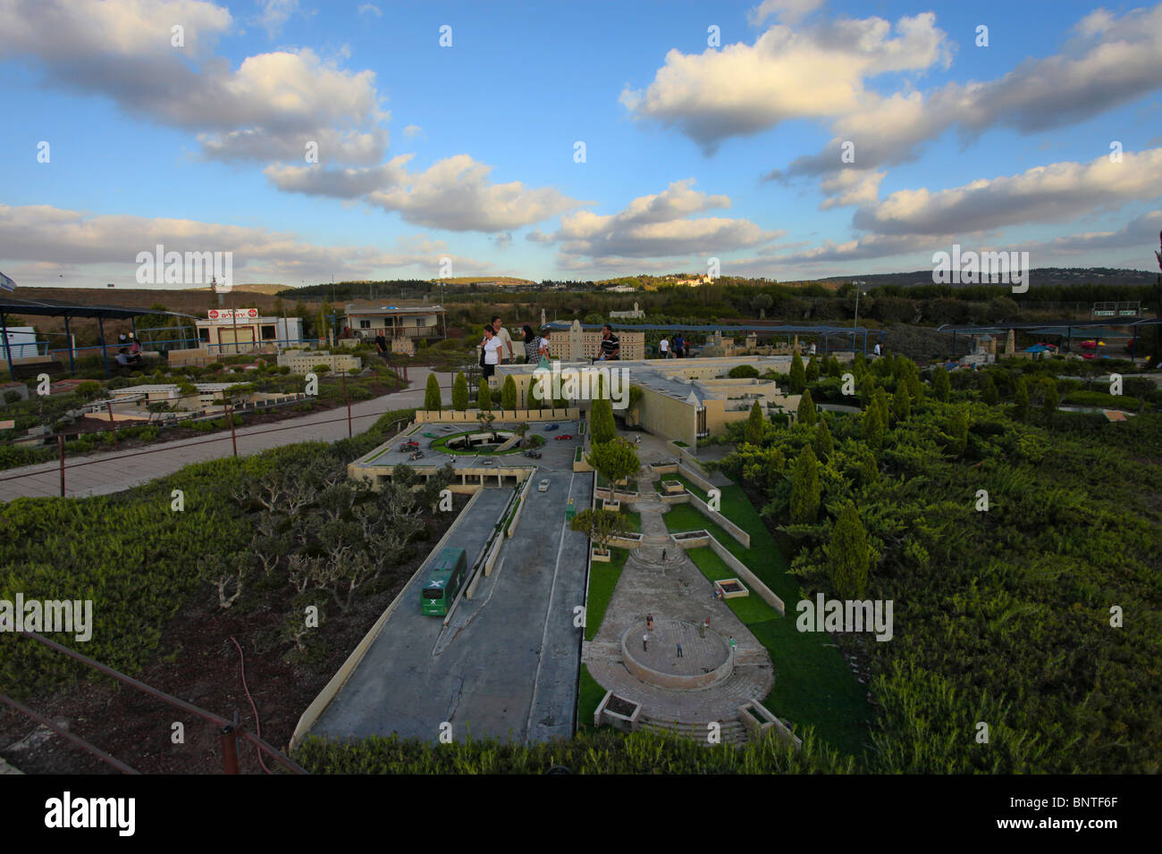 Visitors amid miniature replica of Israel landmarks displayed in Mini Israel a miniature park located near Latrun, in the Ayalon Valley. Israel the site contains miniature replicas of hundreds of buildings and landmarks in Israel. Stock Photo