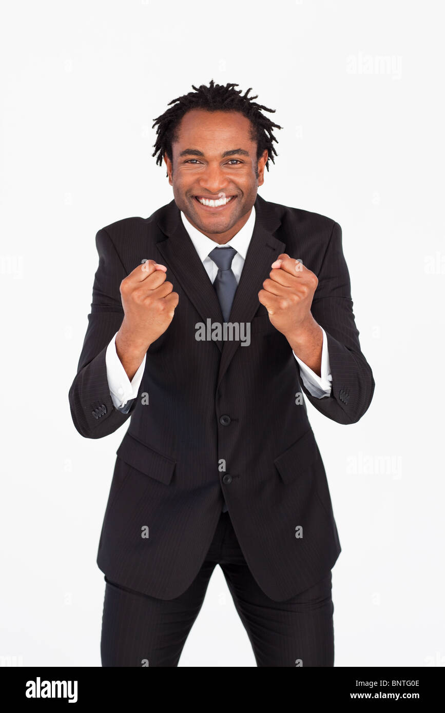 Successful businessman with raised arms Stock Photo - Alamy