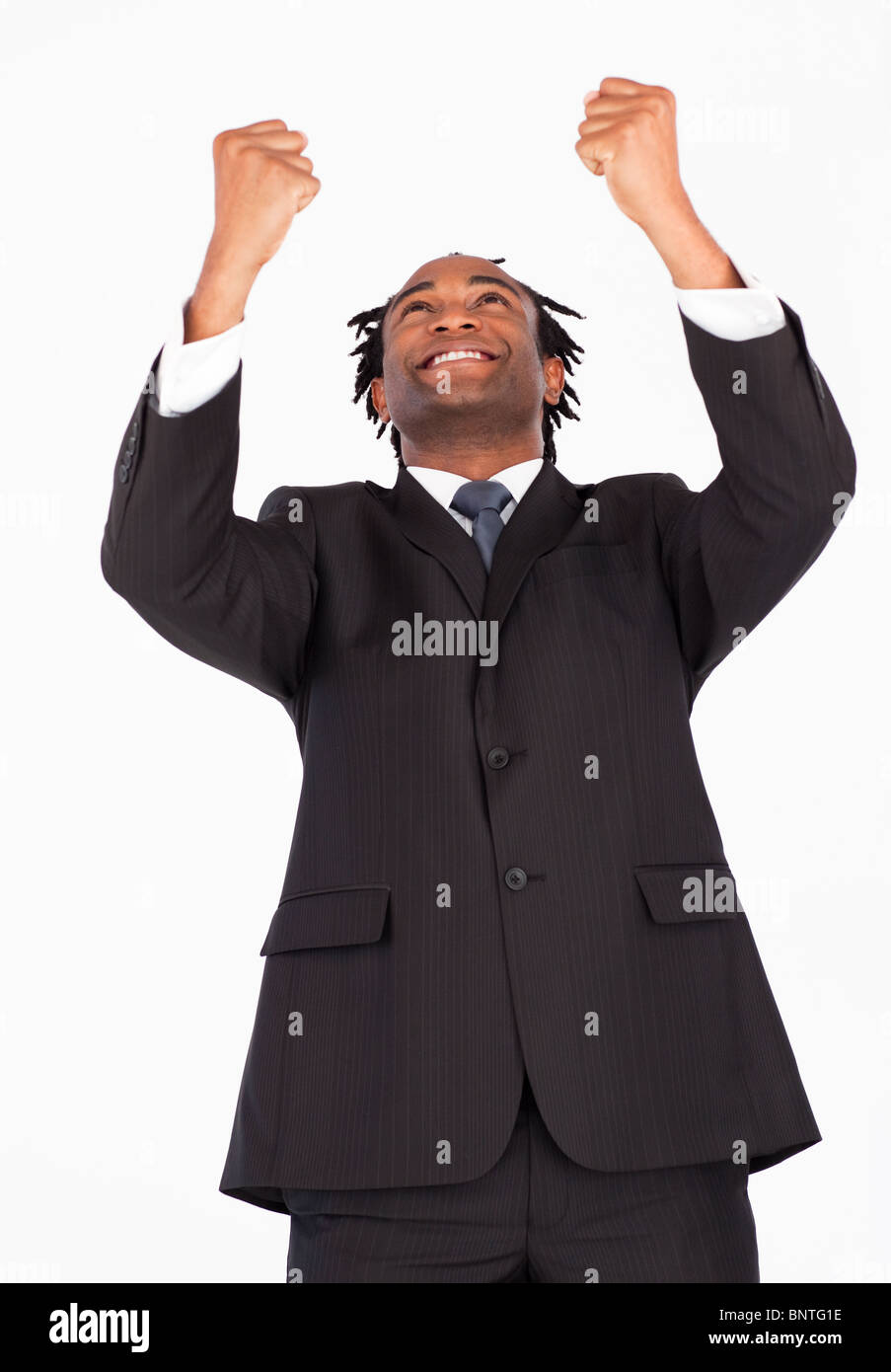 Happy businessman with raised arms Stock Photo - Alamy