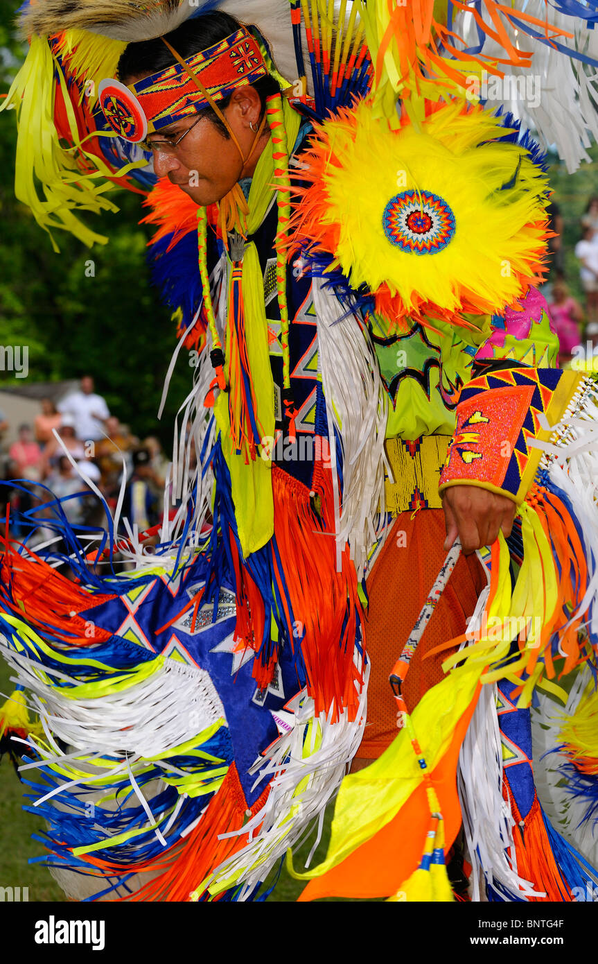 Close up of Native Indian Fancy Dancer at the Grand Entry to a Pow Wow Six Nations Reserve Grand River Ontario Canada Stock Photo
