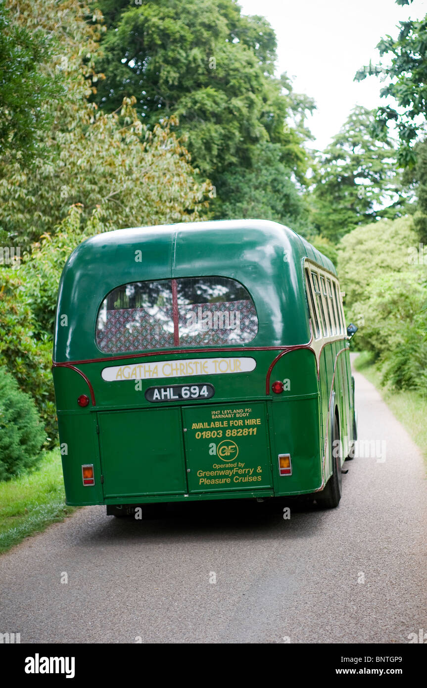 Leyland bus on the way to Greenway house,vintage, Leyland, Tiger, Bus, classic, restored, veteran,Devon lanes,Agatha Christie,AC Stock Photo
