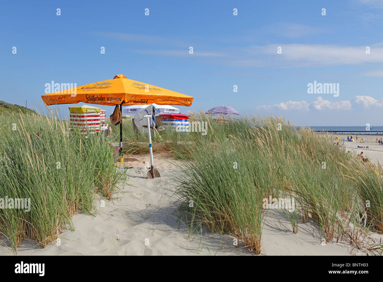 sunshades at the south beach, Borkum Island, East Friesland, North Sea Coast, Lower Saxony, Germany Stock Photo