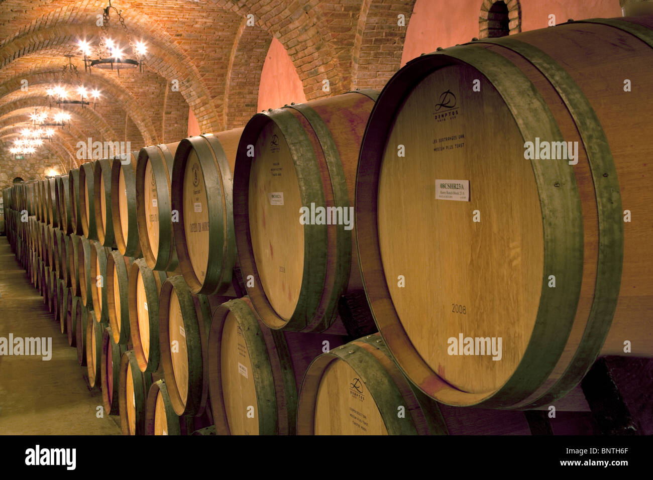Wine aging in barrels in cellar. Castello di Amorosa. Napa Valley, California. Property released Stock Photo