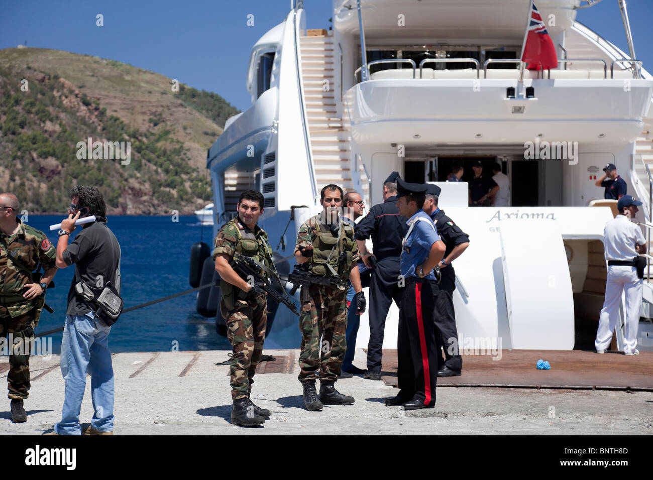 Carabinieri police armed in the operation of searching and detainment the superyacht Axioma on 9 July, 2010. Stock Photo