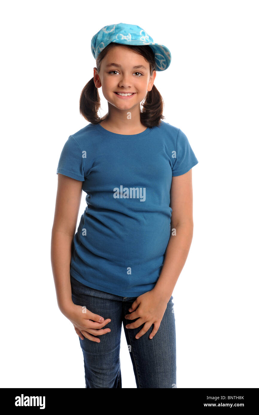 Portrait of young girl smiling isolated over white background Stock ...