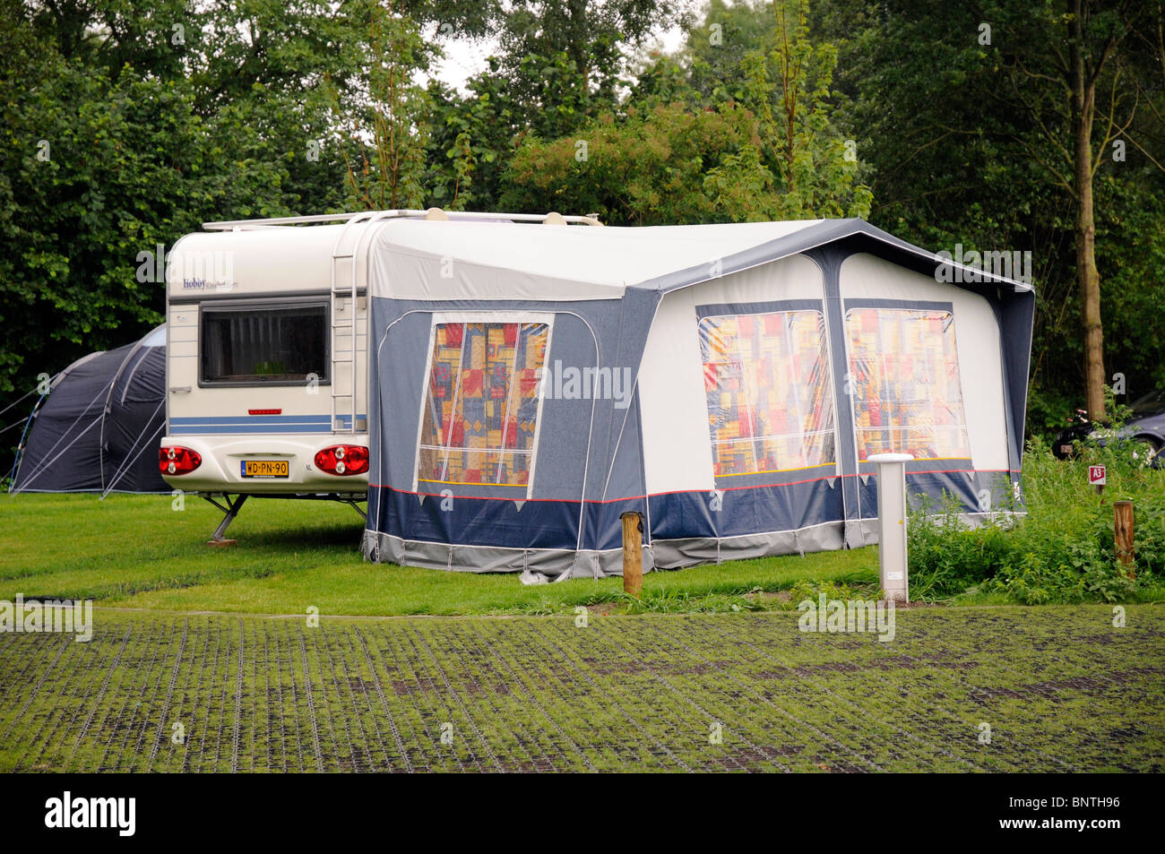 Caravan and awning on French Campsite Stock Photo