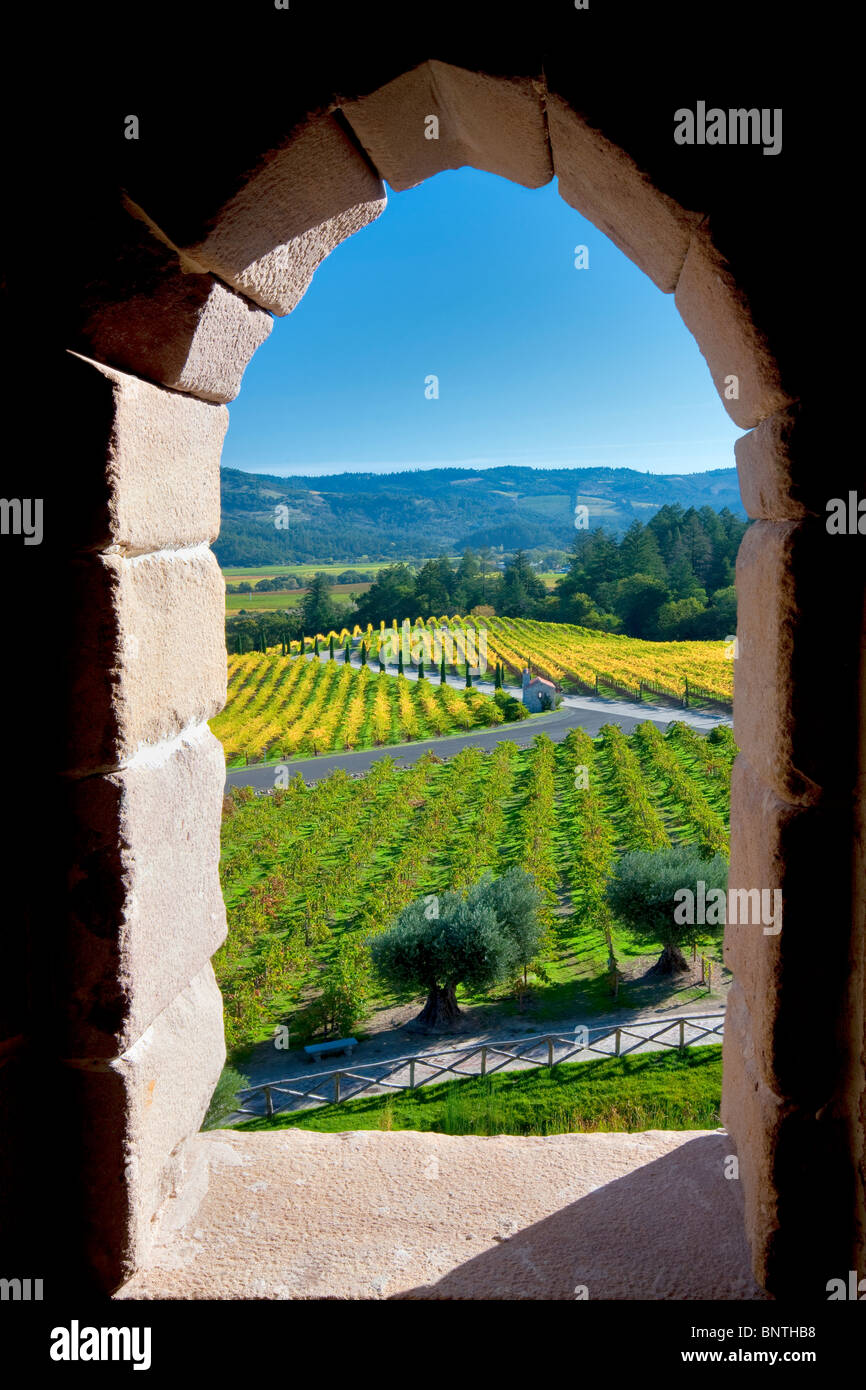 View through castle window at Castello di Amorosa. Napa Valley, California. Property released Stock Photo