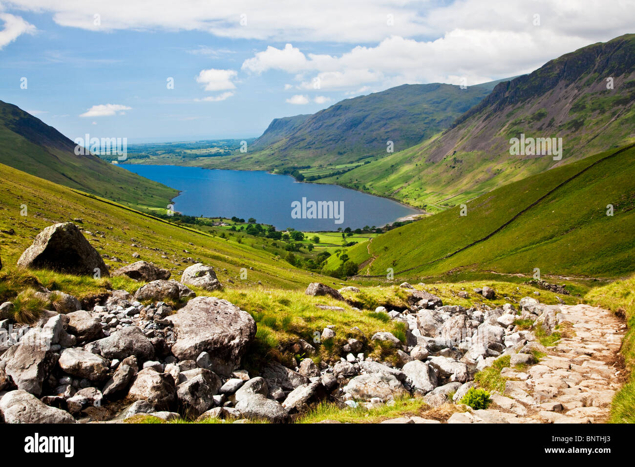 View over Wast Water from the Wasdale Head route up to Scafell Pike, Lake District, Cumbria, England, UK Stock Photo